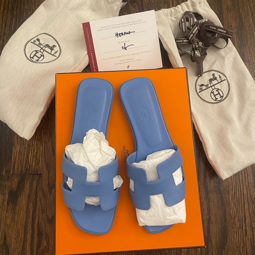Rare Hermes Oran pastel Blue Leather Sandals